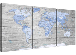 Oversized Large Blue Grey Map Of World Atlas Maps Canvas Multi 3 Set 3303 For Your Living Room