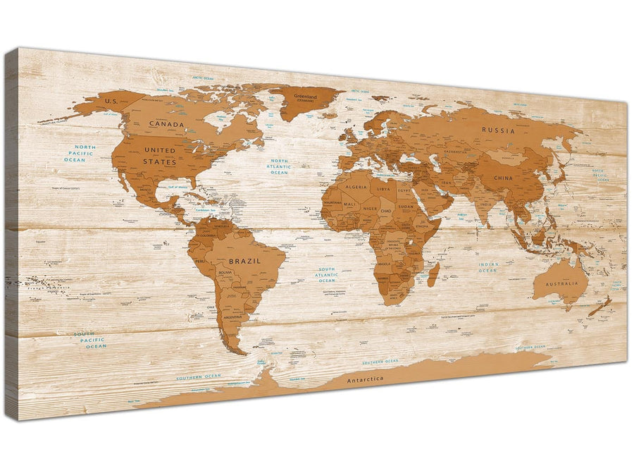 Oversized Large Brown Cream Map Of World Atlas Canvas Modern 120cm Wide 1307 For Your Dining Room