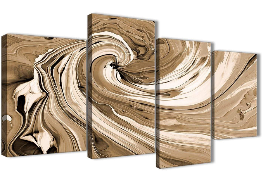 Oversized Large Brown Cream Swirls Modern Abstract Canvas Wall Art Split 4 Panel 130cm Wide 4349 For Your Kitchen