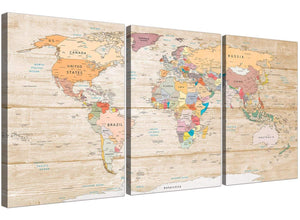 Oversized Large Cream Map Of The World Atlas Picture Canvas Split 3 Panel 3314 For Your Kitchen