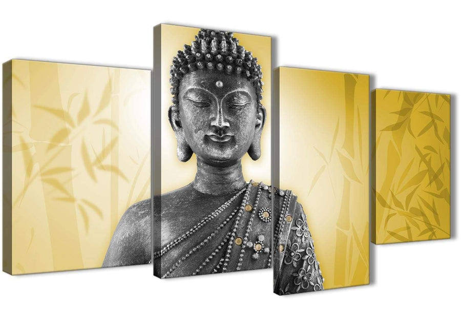 Oversized Large Mustard Yellow And Grey Silver Wall Art Print Of Buddha Canvas Multi 4 Panel 4328 For Your Office
