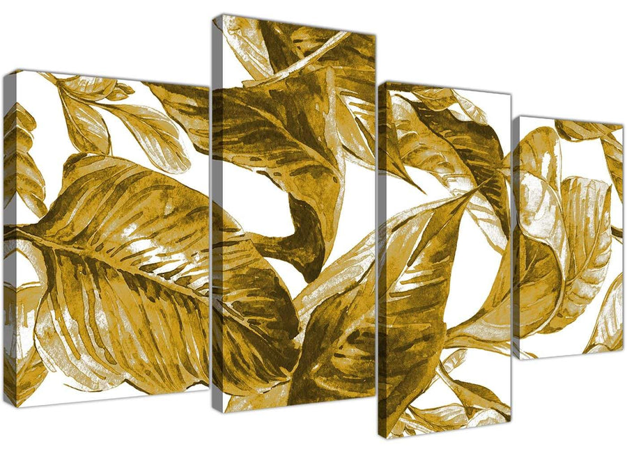 Oversized Large Mustard Yellow White Tropical Leaves Canvas Split 4 Set 4318 For Your Dining Room