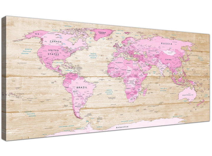 Oversized Large Pink Cream Map Of World Atlas Canvas Modern 120cm Wide 1309 For Your Teenage Girls Bedroom - 1309