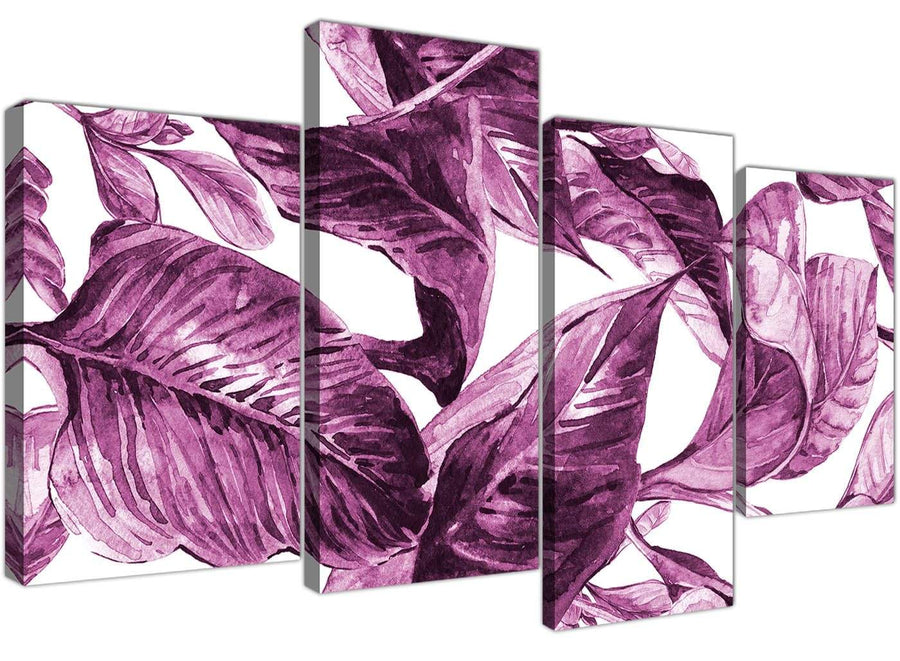 Oversized Large Plum Aubergine White Tropical Leaves Canvas Multi 4 Set 4319 For Your Bedroom