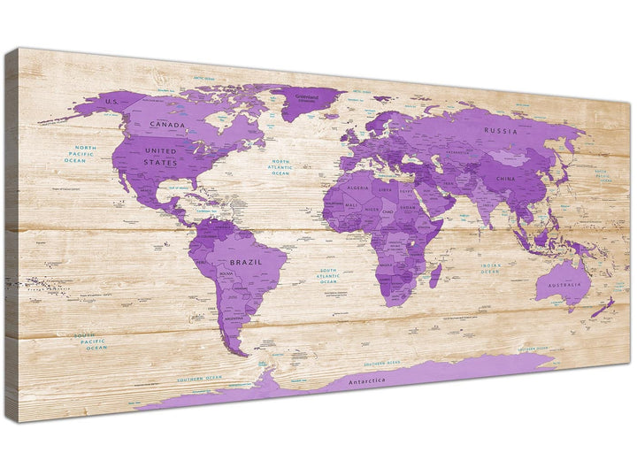 Oversized Large Purple Cream Map Of The World Atlas Canvas Modern 120cm Wide 1312 For Your Kitchen - 1312