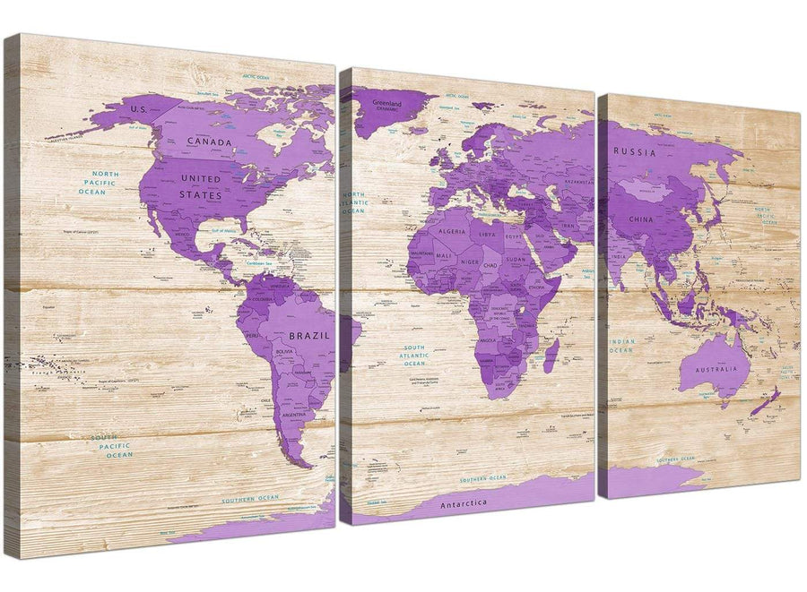 Oversized Large Purple Cream Map Of The World Atlas Canvas Split 3 Part 3312 For Your Bedroom