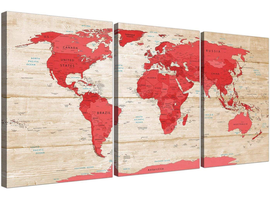 Oversized Large Red Cream Map Of World Atlas Canvas Multi Set Of 3 3311 For Your Office