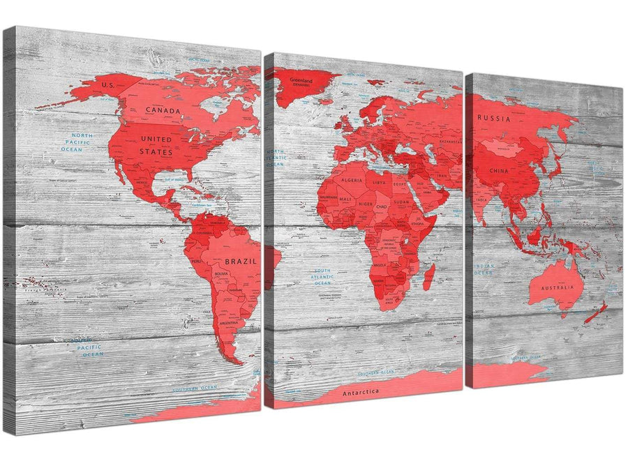 Oversized Large Red Grey Map Of The World Atlas Canvas Wall Art Print Multi 3 Set 3300 For Your Office