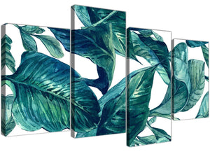 Oversized Large Teal Blue Green Tropical Exotic Leaves Canvas Multi 4 Piece 4325 For Your Bedroom