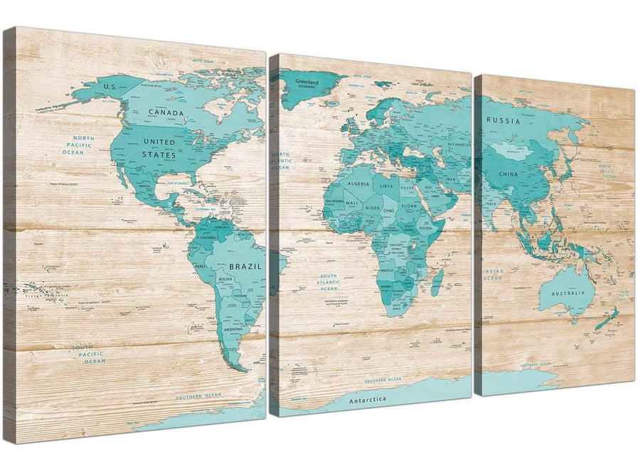 Oversized Large Teal Cream Map Of World Atlas Canvas Split 3 Set 3313 For Your Dining Room