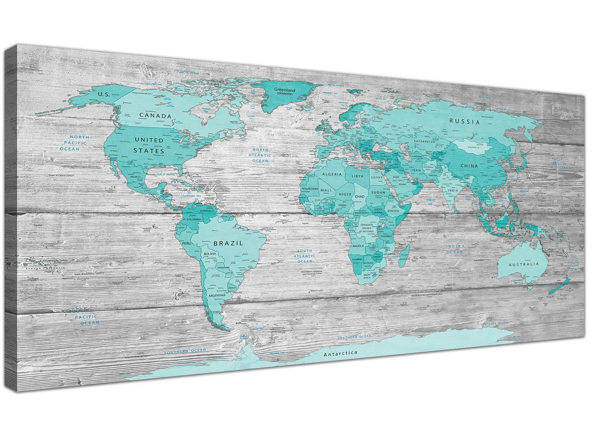 Teal Grey Map of World Atlas Canvas Wall Art – wallfillers.co.uk
