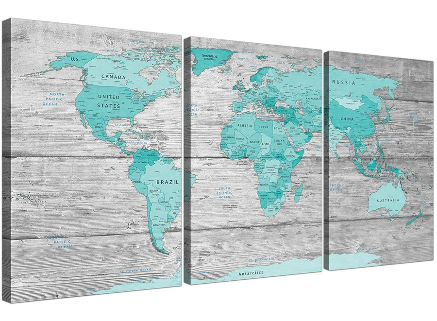 Oversized Large Teal Grey Map Of World Atlas Maps Canvas Split 3 Part 3299 For Your Living Room