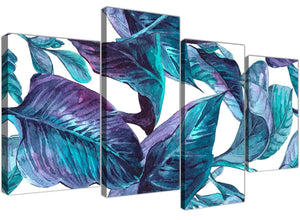 Oversized Large Turquoise And White Tropical Leaves Canvas Split 4 Set 4323 For Your Living Room
