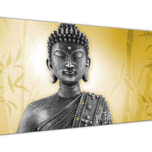 Oversized Mustard Yellow And Grey Silver Wall Art Print Of Buddha Canvas Modern 120cm Wide 1328 For Your Living Room