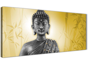 Oversized Mustard Yellow And Grey Silver Wall Art Print Of Buddha Canvas Modern 120cm Wide 1328 For Your Living Room
