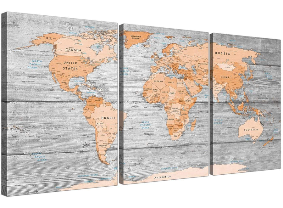 Oversized Orange Cream Large Orange Grey Map Of World Atlas Canvas Wall Art Print Maps Canvas Multi Triptych 3304 For Your Boys Bedroom