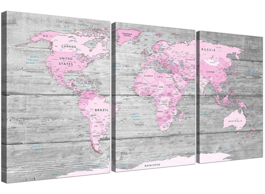 Oversized Pink Grey Large Pink Grey Map Of World Atlas Canvas Wall Art Print ‚Äö√Ñ√¨ Maps Canvas Multi 3 Panel 3302 For Your Study