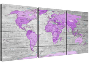 cheap purple grey large purple and grey map of world atlas canvas wall art print maps canvas split 3 set 3298 for your teenage girls bedroom