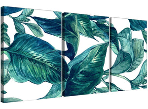 Oversized Teal Blue Green Tropical Exotic Leaves Canvas Multi 3 Panel 3325 For Your Dining Room