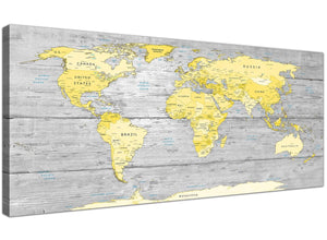 Oversized Yellow Grey Large Yellow Grey Map Of World Atlas Canvas Wall Art Print Maps Canvas Modern 120cm Wide 1305 For Your Living Room