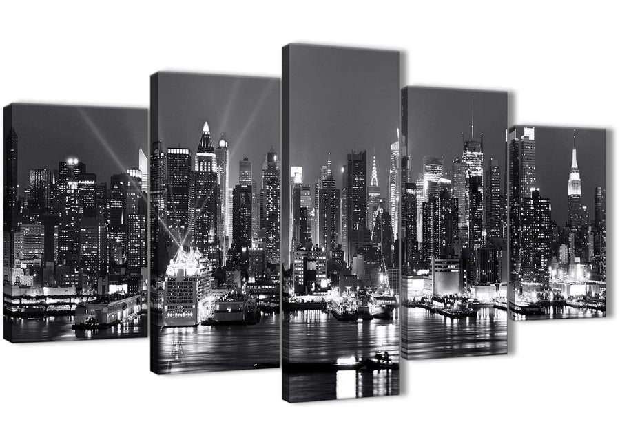 Oversized 5 Panel Landscape Canvas Wall Art Pictures - New York Hudson River Skyline - 5435 Black White Grey - 160cm XL Set Artwork