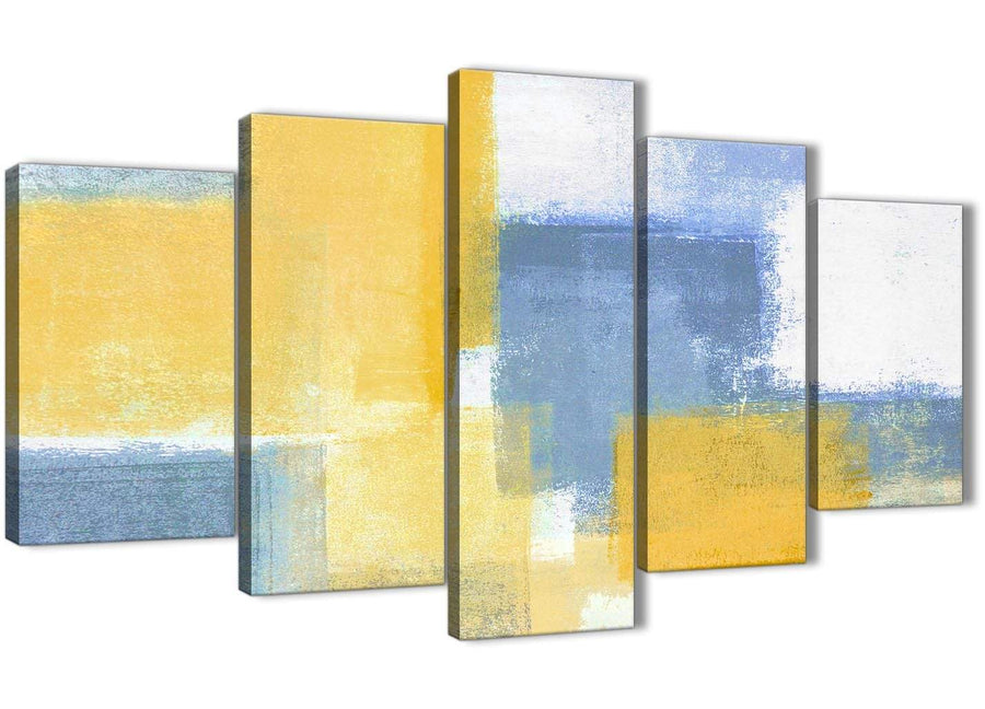 Oversized 5 Panel Mustard Yellow Blue Abstract Dining Room Canvas Pictures Decor - 5371 - 160cm XL Set Artwork