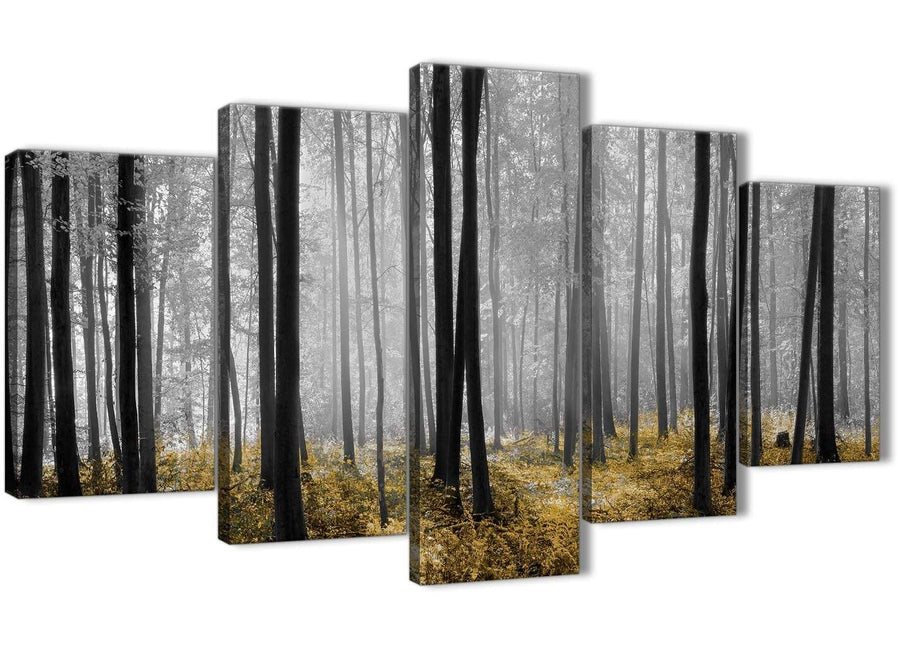 Oversized 5 Piece Yellow and Grey Forest Woodland Trees Dining Room Canvas Wall Art Decorations - 5384 - 160cm XL Set Artwork