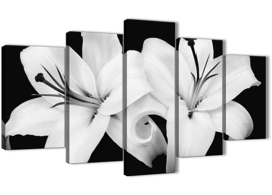 Oversized 5 Piece Black White Lily Flower Dining Room Canvas Wall Art Decor - 5458 - 160cm XL Set Artwork