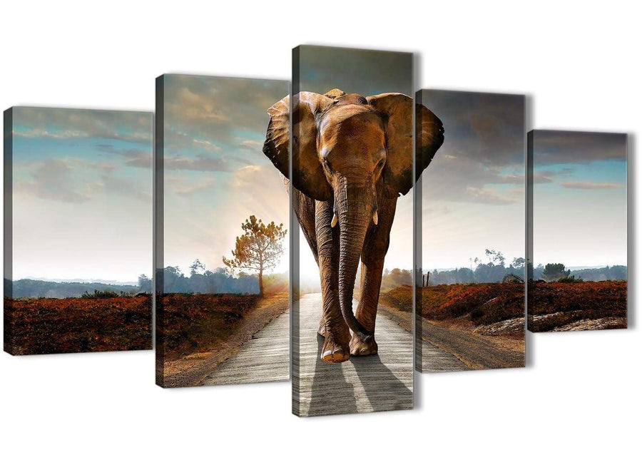 Oversized 5 Piece Canvas Wall Art Pictures - Modern Elephant Landscape - 5209 - 160cm XL Set Artwork