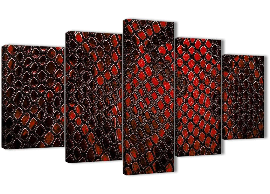 Oversized 5 Panel Red Snakeskin Animal Print Abstract Living Room Canvas Wall Art Decorations - 5476 - 160cm XL Set Artwork
