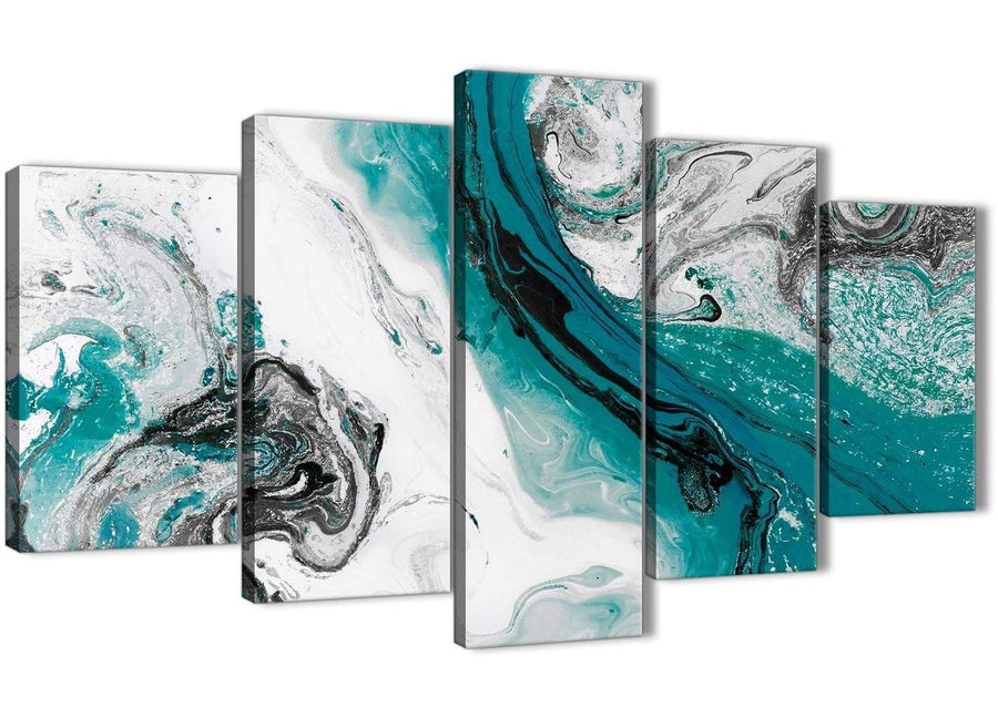 Oversized 5 Piece Teal and Grey Swirl Abstract Bedroom Canvas Pictures Decor - 5468 - 160cm XL Set Artwork