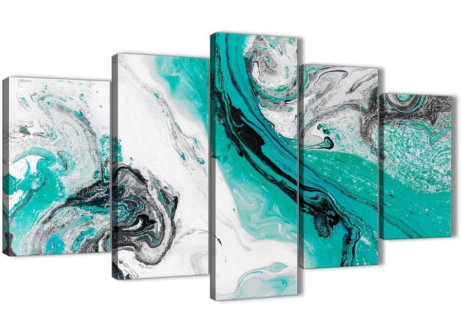 Oversized 5 Piece Turquoise and Grey Swirl Abstract Dining Room Canvas Wall Art Decor - 5460 - 160cm XL Set Artwork