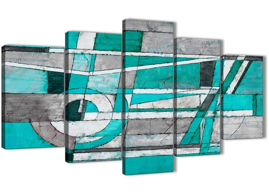Oversized 5 Piece Turquoise Grey Painting Abstract Living Room Canvas Wall Art Decorations - 5403 - 160cm XL Set Artwork