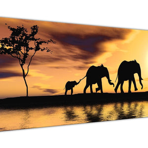 Panoramic African Sunset Elephants Canvas Wall Art - Animal - 1479 Mustard Yellow - 120cm Wide Print