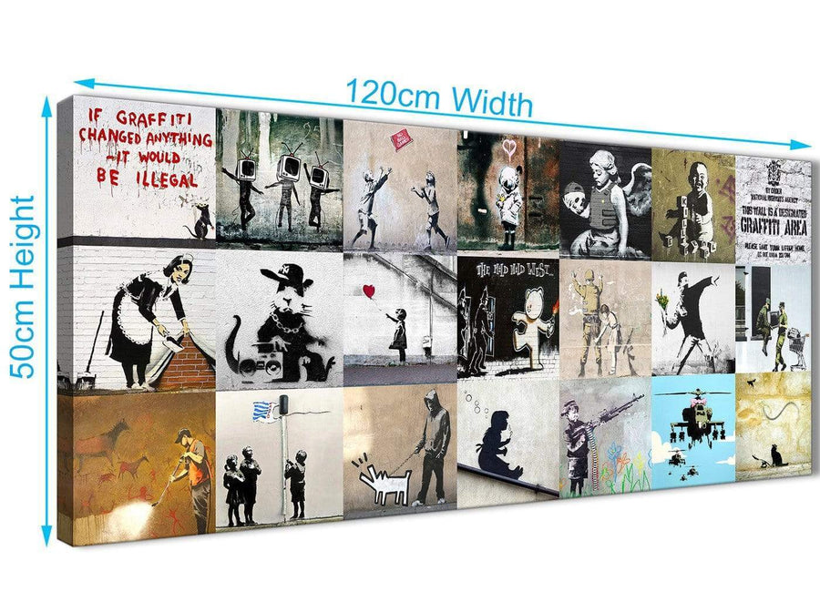 Panoramic Banksy Graffiti Collage Canvas Wall Art Modern 120cm Wide 1356 For Your Boys Bedroom
