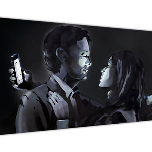 Panoramic Banksy Mobile Lovers Graffiti Canvas Wall Art - 1212 Black White Grey - 120cm Wide Print