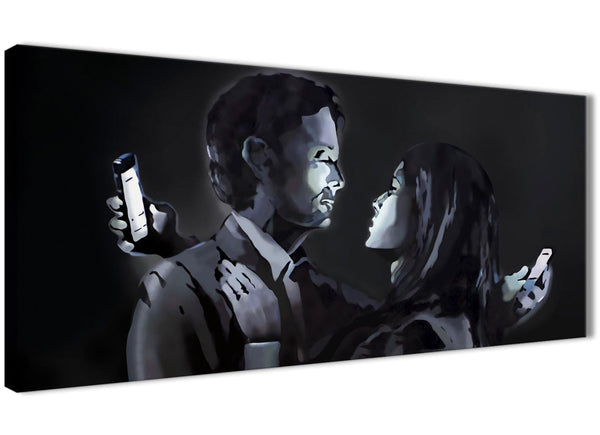 Panoramic Banksy Mobile Lovers Graffiti Canvas Wall Art - 1212 Black White Grey - 120cm Wide Print