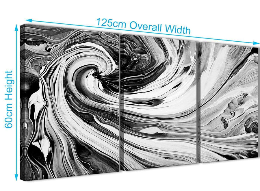 Panoramic Black White Grey Swirls Modern Abstract Canvas Wall Art Split 3 Part 125cm Wide 3354 For Your Dining Room