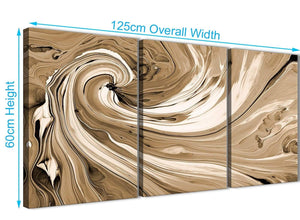 Panoramic Brown Cream Swirls Modern Abstract Canvas Wall Art Split 3 Panel 125cm Wide 3349 For Your Dining Room