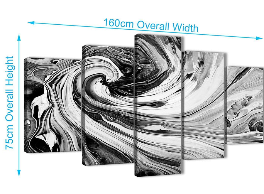 Panoramic Extra Large Black White Grey Swirls Modern Abstract Canvas Wall Art Split 5 Piece 160cm Wide 5354 For Your Living Room