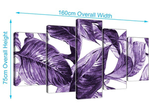 Panoramic Extra Large Dark Purple White Tropical Exotic Leaves Canvas Split 5 Set 5322 For Your Living Room
