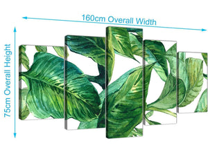Panoramic Extra Large Green Palm Tropical Banana Leaves Canvas Split 5 Panel 5324 For Your Dining Room