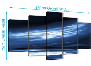 Panoramic Extra Large Indigo Blue White Abstract Sunset Modern Canvas Wall Art Multi Set Of 5 160cm Wide 5332 For Your Bedroom