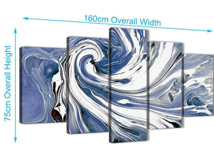 Panoramic Extra Large Indigo Blue White Swirls Modern Abstract Canvas Wall Art Split 5 Part 160cm Wide 5352 For Your Living Room