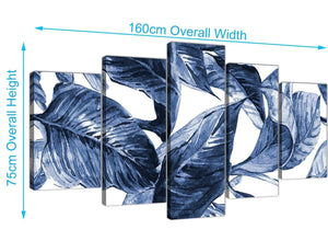Panoramic Extra Large Indigo Navy Blue White Tropical Leaves Canvas Multi 5 Piece 5320 For Your Dining Room