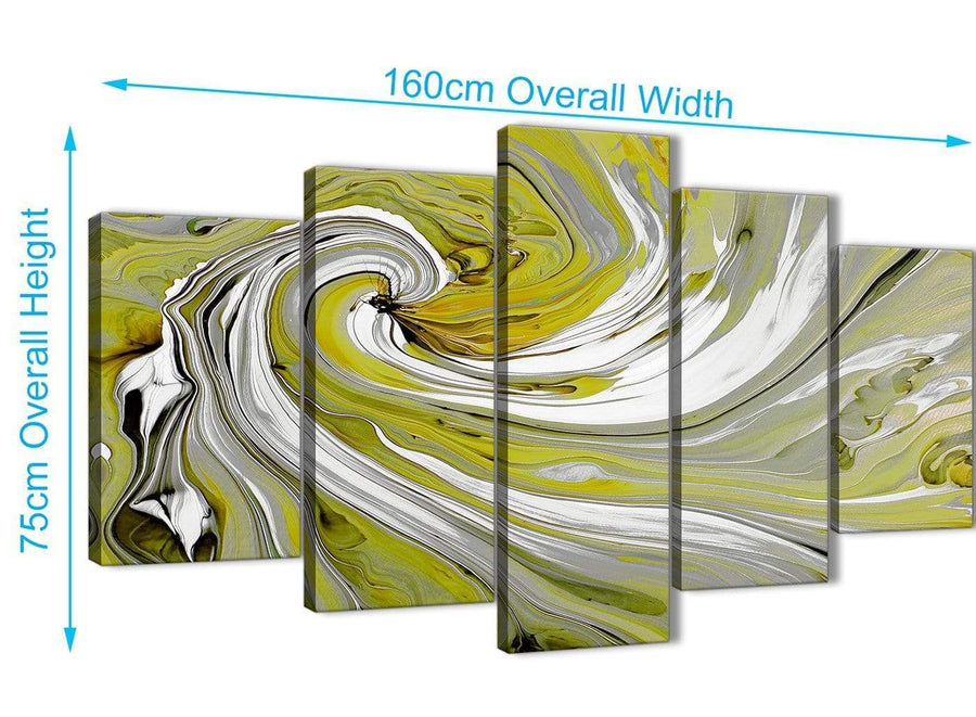 Panoramic Extra Large Lime Green Swirls Modern Abstract Canvas Wall Art Multi 5 Panel 160cm Wide 5351 For Your Kitchen