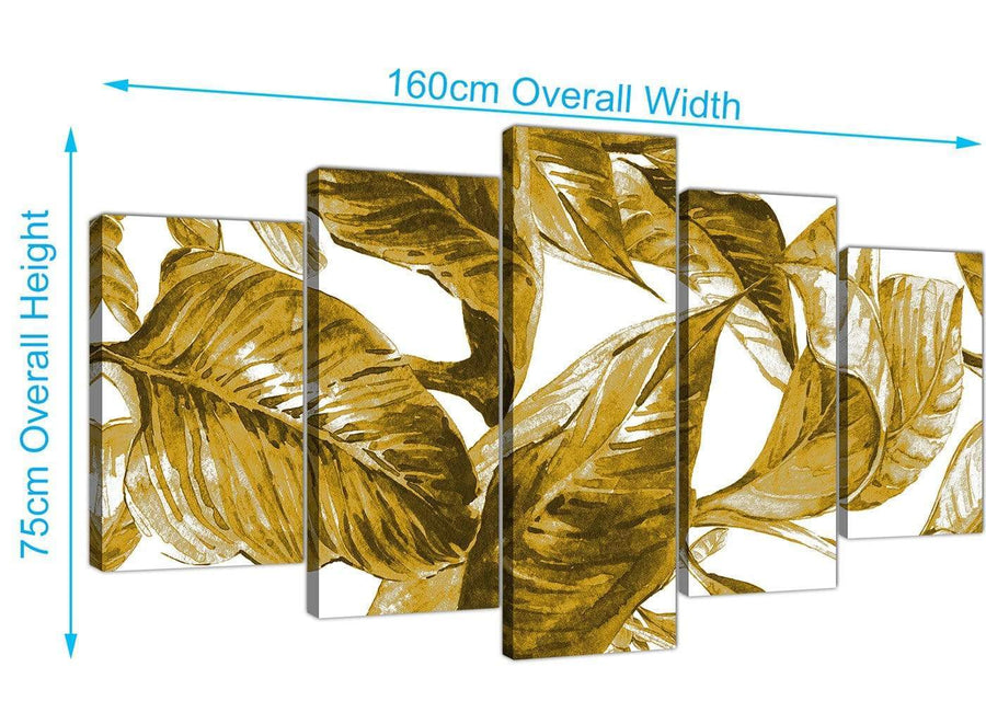 Panoramic Extra Large Mustard Yellow White Tropical Leaves Canvas Split 5 Piece 5318 For Your Living Room