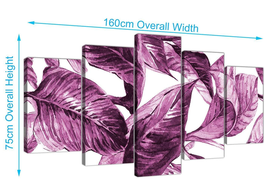 Panoramic Extra Large Plum Aubergine White Tropical Leaves Canvas Multi 5 Set 5319 For Your Living Room