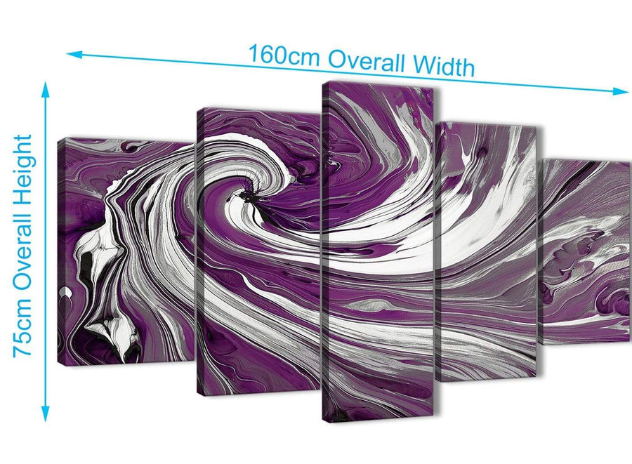 Panoramic Extra Large Plum Purple White Swirls Modern Abstract Canvas Wall Art Split 5 Panel 160cm Wide 5353 For Your Dining Room
