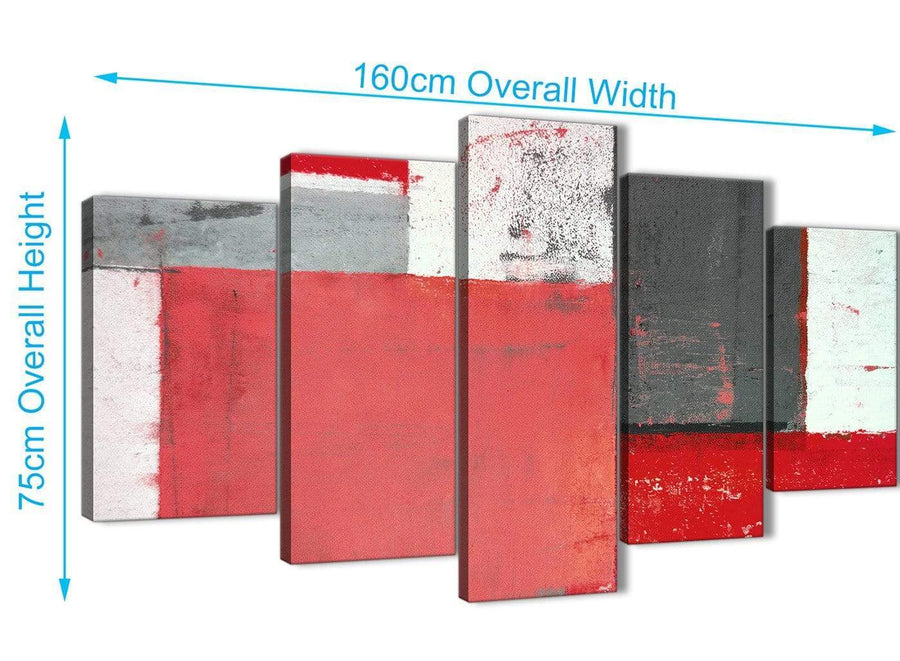 Panoramic Extra Large Red Grey Abstract Painting Canvas Wall Art Multi 5 Panel 160cm Wide 5343 For Your Living Room